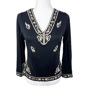 Lynn Ritchie Blouse Women Medium Black Beige Embroidered Silk Cotton Casual Top
